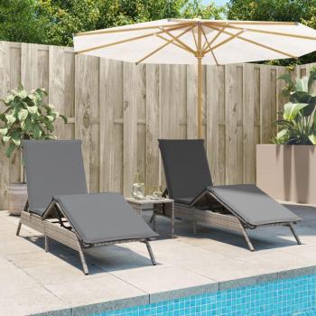 Camas de sol 2 PC con mesa gris en Polyrattan, tumbonas con mesita, ratán sintético gris