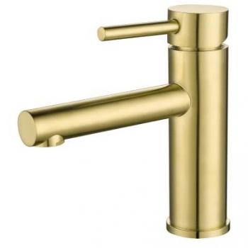 Grifo de Lavabo Monomando Redondo Dorado Cepillado con Protección PVD - Serie Palancia, Ahorro de Agua, Instalación Fácil