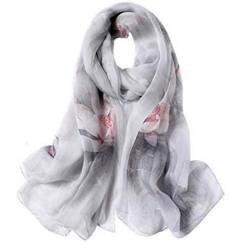 STORY OF SHANGHAI Bufanda de Seda Mujer 100% Seda Estampado Floral Colorido Gran Bufanda Mantón Ultraligero Transpirable Elegante,Flor de Loto Gris,175 * 100 cm