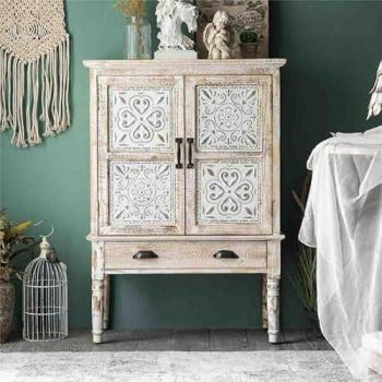 Armario de Madera Tallada Estilo Exótico con 2 Puertas y 1 Cajón, color blanco, dimensiones 80x36x110 cm