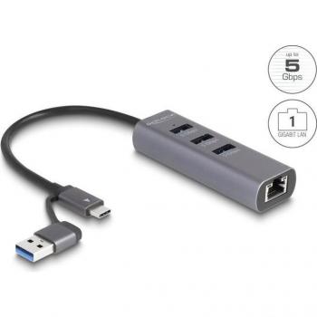 Docking Station DeLOCK 64282 - Replicador de Puertos USB-C y USB-A, 3 Puertos, Conexión Gigabit LAN, Color Gris