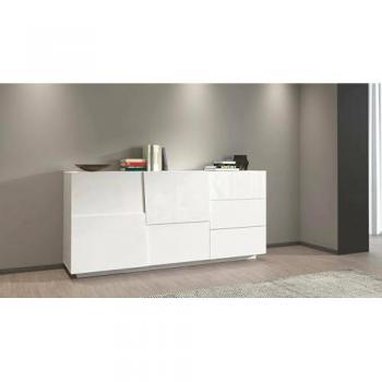 Aparador Xavier, Buffet de salón con 2 puertas y 3 cajones, 180x44x86 cm, Blanco Brillo con embalaje reforzado
