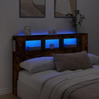 Cabecero LED de Madera de Ingeniería en Roble Ahumado, Dimensiones: 160x18,5x103,5 cm