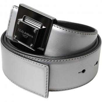Dolce & Gabbana Silver Leather Square Metal Buckle Belt - 85 cm / 34 Inches