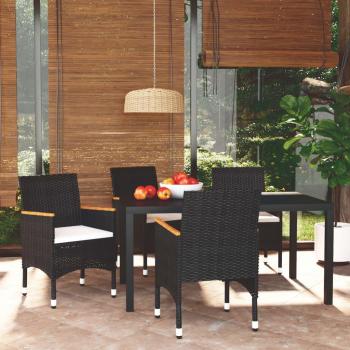 5-Piece Black Poly Rattan Garden Dining Set with Cushions