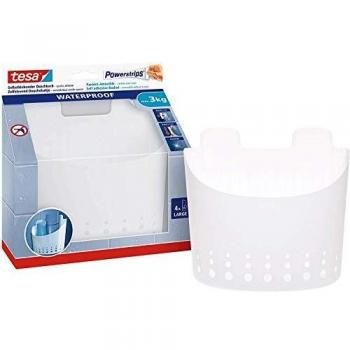 tesa Powerstrips - Cesta Adhesiva Grande para Baño - Montaje sin Taladrar - Alta Fuerza de Fijación hasta 3 kg con Tecnología Powerstrips Waterproof - 190 x 215 x 92 mm - Blanco