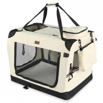 Transportín Plegable para Perros y Gatos L 70x52x52cm - Bolsa de Transporte Transpirable con Bolsillos, Alfombrilla Extraíble y Tira Reflectante - Beige