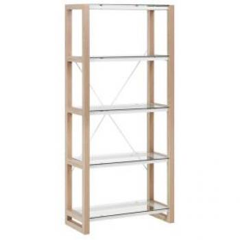 Estantería independiente de diseño escandinavo Jenks, madera blanca y clara, 152 cm, estantes de vidrio