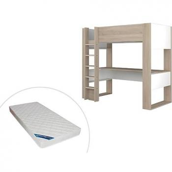Cama Alta Noah II con Escritorio y Compartimentos Integrados - 90 x 200 cm - Roble y Blanco + Colchón