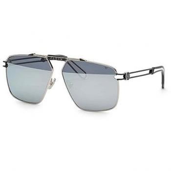 Philipp Plein Men's Shiny Palladium Sunglasses with Semi Matt Black Parts, Smoke/Mirror Silver Lenses, CAT3, 63MM