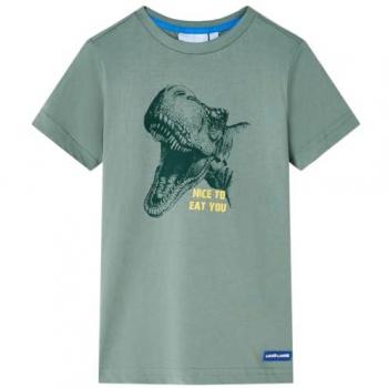 Camiseta Infantil de Manga Corta Caqui con Estampado de Dinosaurio 104