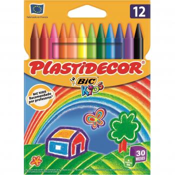 BIC Kids Plastidecor - Set de 12 Ceras Antimanchas, Colores Surtidos para Actividades Creativas