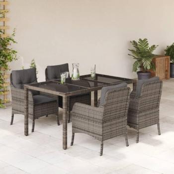 5-Piece Gray Poly Rattan Garden Dining Set with Cushions
