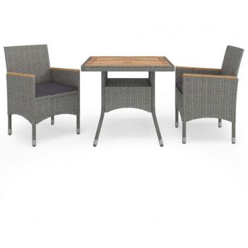 3-Piece Garden Dining Set in Grey Poly Rattan and Acacia Wood