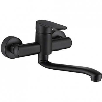 HomeLava Grifería de pared para cocina montaje en pared grifo monomando con giro de 360° diseño retro modelo largo Grifo, color negro