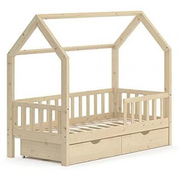 Cama en Forma de Casa Wiki, Madera Natural, 80x160 cm con 2 Cajones