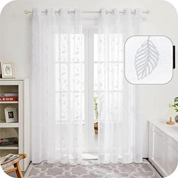 Amazon Brand - Umi Cortinas Salon Translucidas de Dibujos Hojas con Ollaos 2 Piezas 140x229cm Blanco