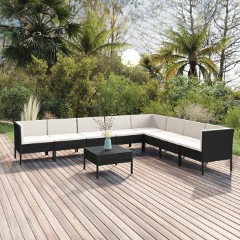 9-Piece Black Poly Rattan Garden Lounge Set with Cushions