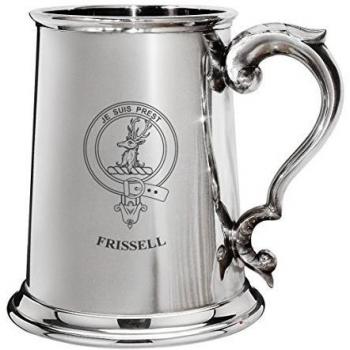 Frissell Family Crest Polished Pewter 1 Pint Tankard with Scroll handle