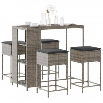 Juego de bar de jardín 5 PCs con almohadas de Polyrattan gris