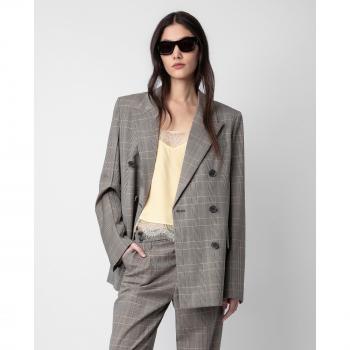Zadig & Voltaire Women's Gray Oversized Checkered Double-Breasted Blazer Size S
