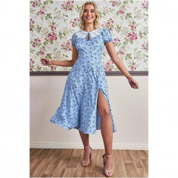Goddiva Printed Midi Dress with Front Split - Powder Blue, Size 14 UK