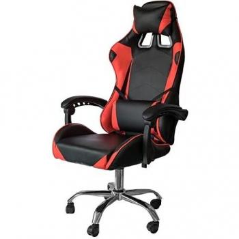 Silla Gaming de Oficina Reclinable en Ecopiel Roja y Negra con Soporte Lumbar y Cabezal Ajustable 64x53x h123 - 133 cm
