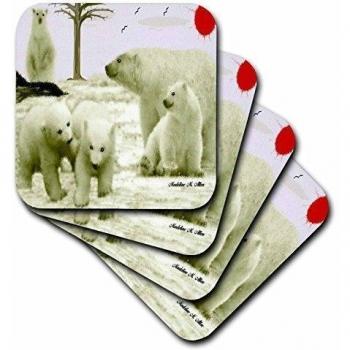 3dRose CST _ 15764 - _ 3 Oso Polar family-ceramic Azulejos Posavasos, juego de 4