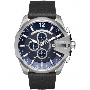 Diesel Mega Chief DZ4423 Men's Silver Leather Japanese Chronograph Watch with Blue Dial