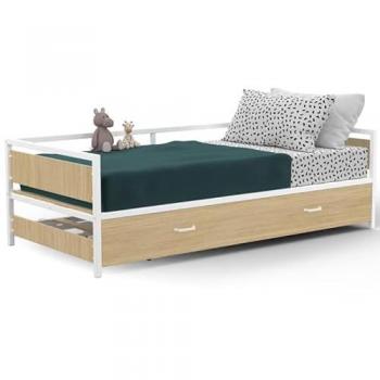 Sofá cama convertible industrial DETROIT 90 x 190 cm en haya y blanco