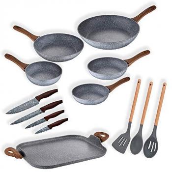 Pack 6 Sartenes + Utensilios de Cocina San Ignacio Daimiel - Gris, incluye 6 sartenes y utensilios de cocina, fabricadas en material antiadherente, aptas para todo tipo de cocinas (incl