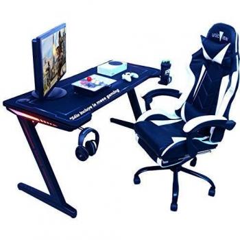 Mesa Gaming, 140cm x 60cm, Gaming Desk, Mesa para Ordenador Consola PS5, Xbox Series, Patas de Acero, RGB LED, Base de Alfombrilla, Parrilla para Recoger Cables