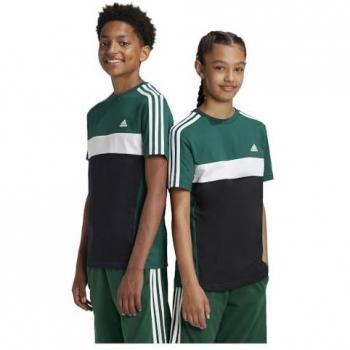 Camiseta adidas Tiberio 3 bandas colorblock infantil verde oscuro, manga corta, algodón, talla 11-12 años