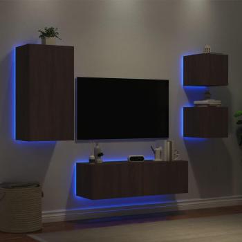 Mueble de TV de pared con luces LED 4 piezas en marrón roble