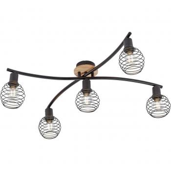 Plafón Eugen industrial negro con madera 5 luces
