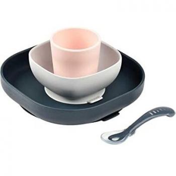 BÉABA, Set Vajilla Silicona Comida Bebé, Con Ventosa, Antideslizante, 4 Piezas, Plato + Bol + Vaso + Cuchara, Silicona Sana y Duradera, Apto Lavavajillas, Microondas, Night Blue