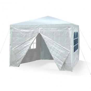 Pabellón de jardín Sylt II, 3 x 3m, blanco, con 4 paredes laterales / 3 x ventanas / 1 x puerta con cremallera, material PE 110G, varillaje metálico, hidrófugo, estaquillas y cuerdas
