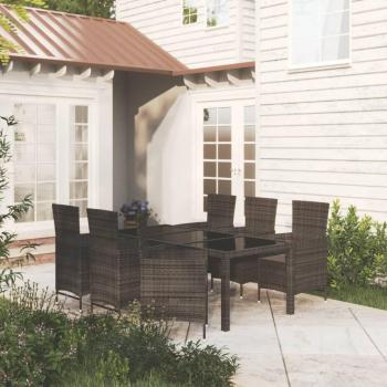 Juego de comedor de jardín 7 piezas con almohadas de Polyrattan negro