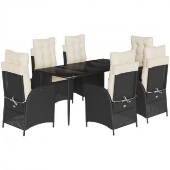 7 Piece Black Poly Rattan Garden Dining Set with Cushions