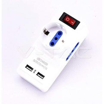 Multipresa V-Tac Tripla con 2 Tomas Laterales 10/16A, 1 Toma Schuko y 2 Puertos USB-A 2.1A con Interruptor Luminoso - SKU 8830