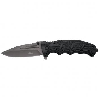 THIRD Navaja asistida K0814BK, Mango de Aluminio Negro, Hoja de Acero INOX de 10.3 cm bañada en Titanio Gris. con Funda de Nylon y Punta rompe Vidrio