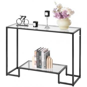 Double Glass Console Table - Modern Rectangular Side Table with Tempered Glass Top, Iron Legs, and Anti-Tip Device in Black