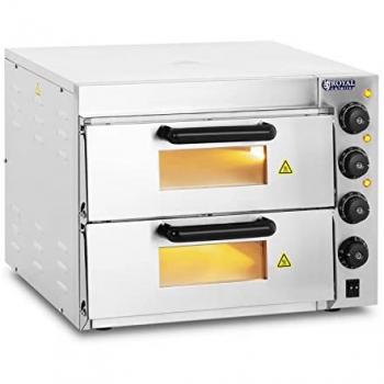 Horno para pizza - pizzero de acero inoxidable de alta temperatura - Royal Catering RCPO-3000-2PS-1 - 2 compartimientos - Arcilla refractaria 40x40x1,5cm