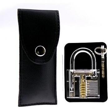 Practice Lock Set, Crystal Transparent Professional Visible Cutaway Inside View Padlocks with 2 keys, 12 pcs Various Picks Crochet Hook, Wrenches, Leather Pouch for Locksmith Training