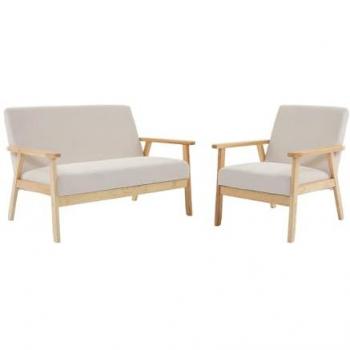 Sofá de 2 plazas y sillón de pana con patas de madera, Isak, color crema, estilo escandinavo