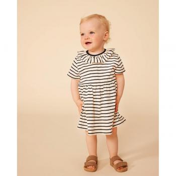 Petit Bateau - Vestido de manga corta de punto flameado para bebé beige jaspeado a rayas