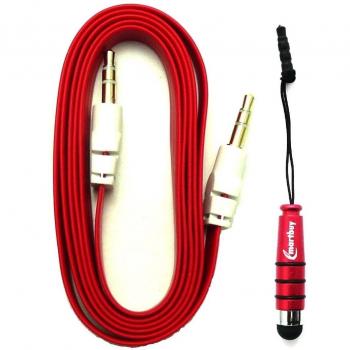 Emartbuy® Aux Paquete para Samsung Galaxy Young 2- Rojo Lápiz Óptico Metálico + Rojo Cable Conector Estéreo Auxiliar de 3,5 mm Plano Antienredos
