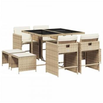 Set de Comedor de Jardín 9 Piezas con Cojines Beige de Ratán Sintético