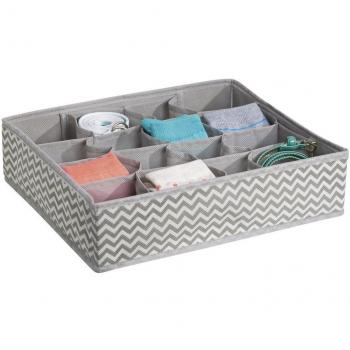 mDesign Organizador de cajones con estampado en zigzag – Caja organizadora de tela para cinturones, calcetines, etc. – Organizador de ropa interior con 16 compartimentos – gris topo/crema