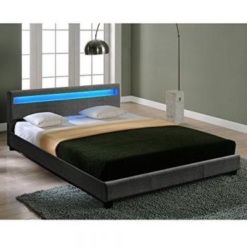 Cama Doble Tapizada en Tela con Iluminación LED 140x200cm Gris Oscuro Corium